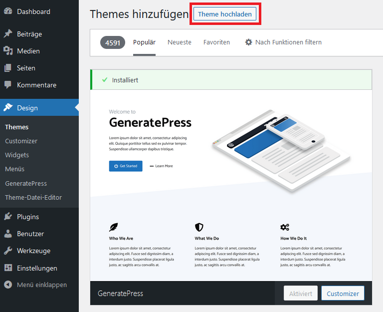 wordpress theme hochladen