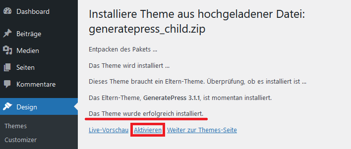 wordpress child-theme installiert