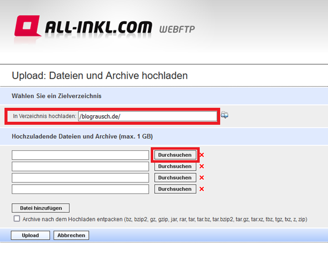 All-Inkl WebFTP - Datei hochladen