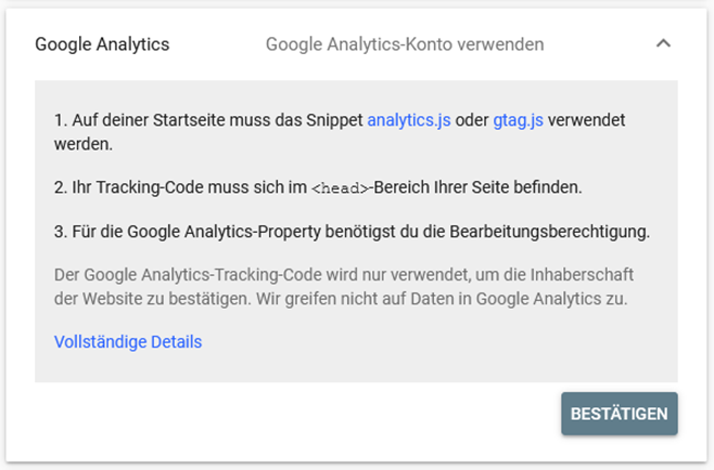 Google Search Console - Inhaberschaft per per Google Analytics bestätigen