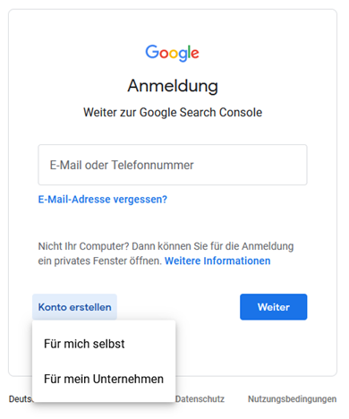 Google Search Console - Anmeldung - Auswahl "Für mich selbst" und "Für mein Unternehmen"