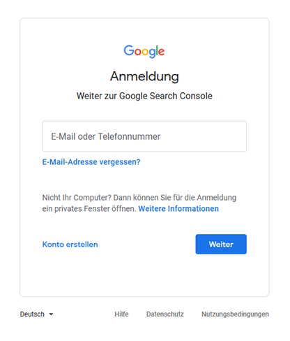 Google Search Console - Anmeldung