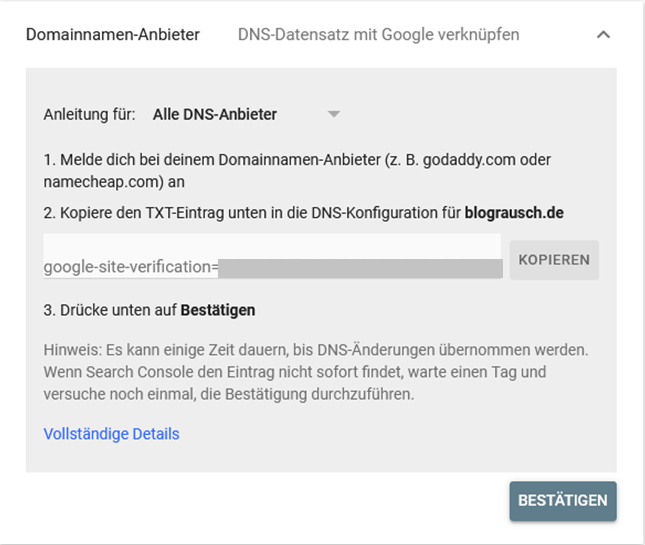 Google Search Console - Inhaberschaft per Domainnamen-Anbieter bestätigen