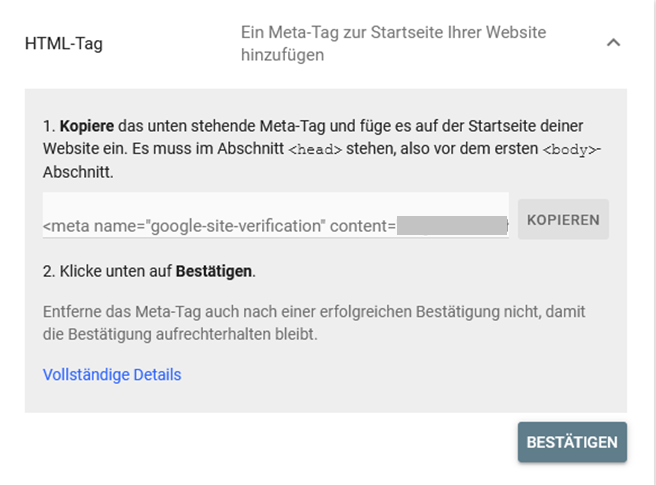 Google Search Console - Inhaberschaft per HTML-Tag bestätigen
