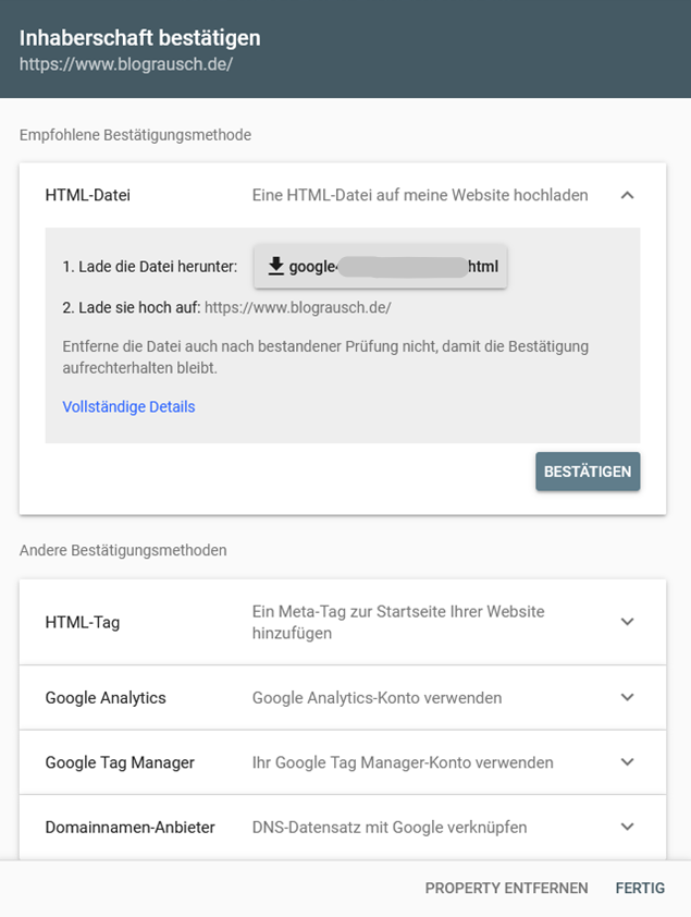Google Search Console - Inhaberschaft per HTML-Datei bestätigen