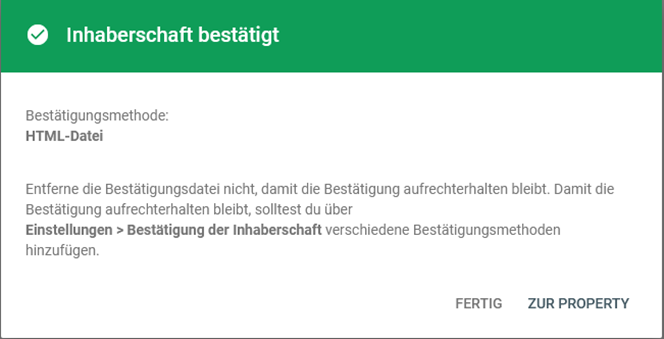 Google Search Console - Inhaberschaft bestätigt