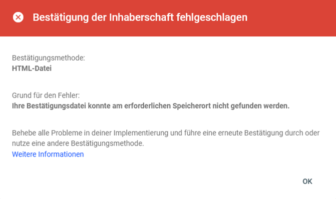 Google Search Console - Bestätigung der Inhaberschaft fehlgeschlagen