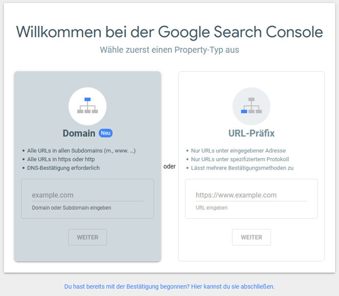 Google Search Console - Property-Typ auswählen