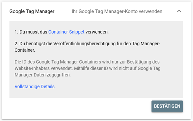 Google Search Console - Inhaberschaft per Google Tag Manager bestätigen