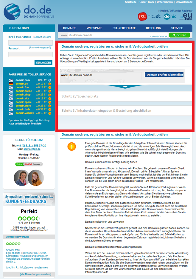 Eine Domain registrieren - Eine Anleitung für den Anbieter Domain Offensive! 6 Domain Verfügbarkeit prüfen - Domain Offensive Website