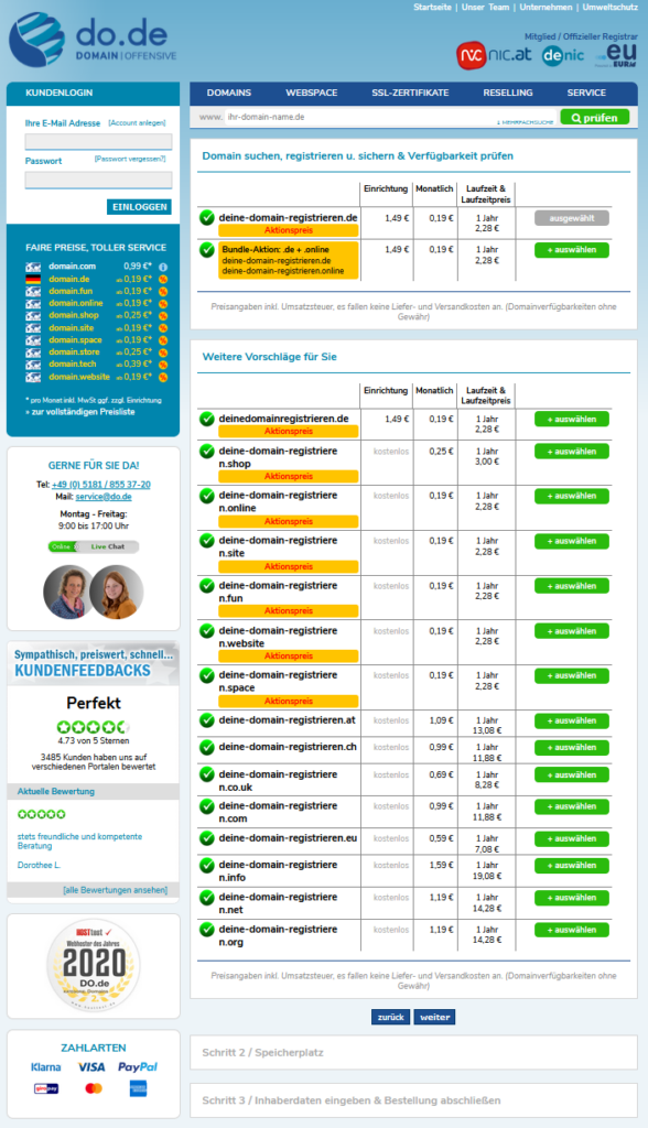 Eine Domain registrieren - Eine Anleitung für den Anbieter Domain Offensive! 9 Weitere Domainendungen Verfügbarkeits-Übersicht - Domain Offensive Website