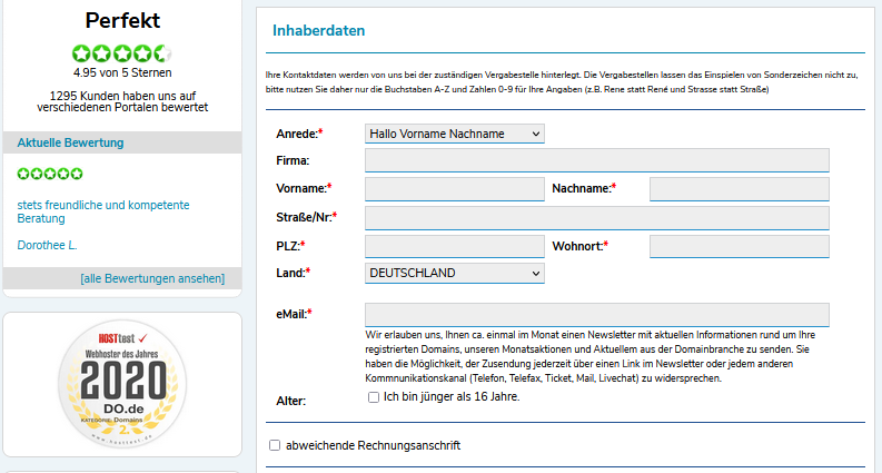 Eine Domain registrieren - Eine Anleitung für den Anbieter Domain Offensive! 14 Domain Inhaberdaten Eingabefeld - Domain Offensive Website