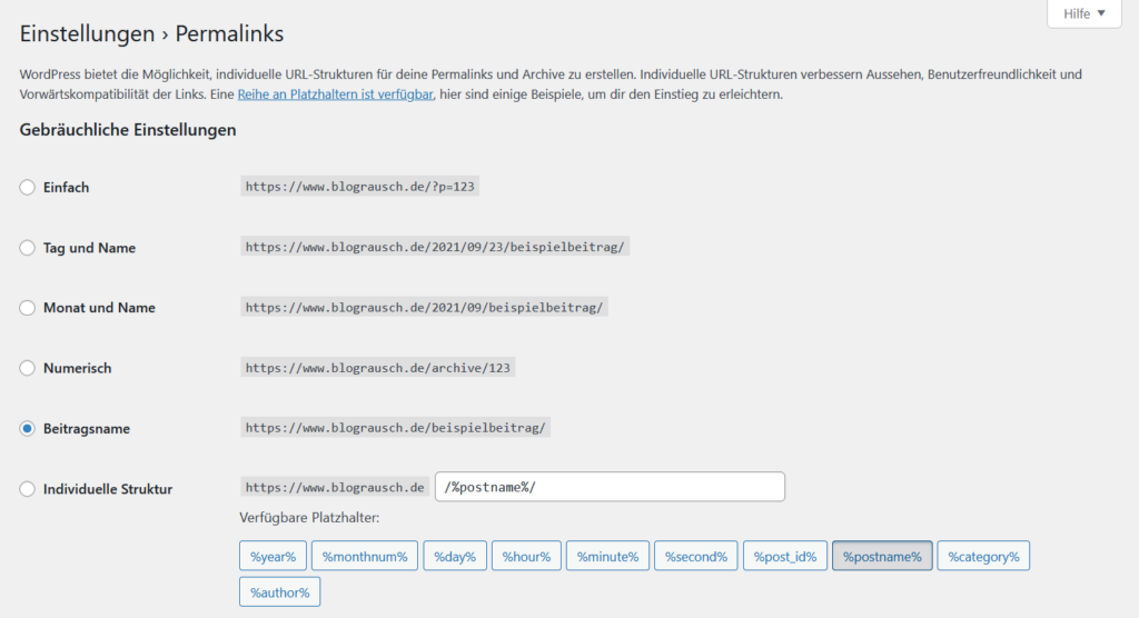WordPress Permalink Einstellung