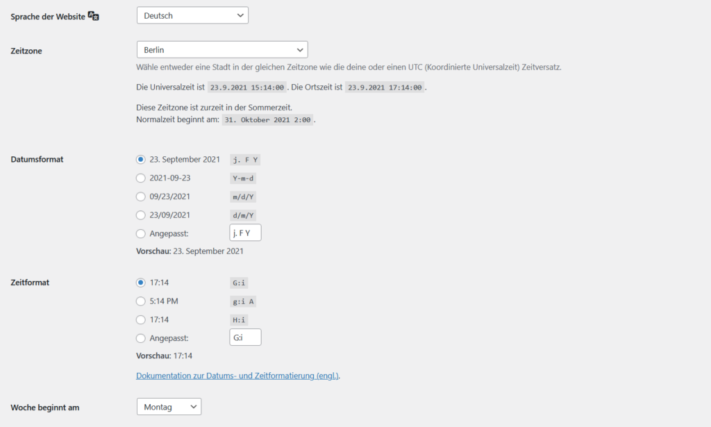 WordPress Sprache und Zeitzone einstellen