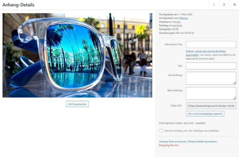 Bilder SEO optimieren - Das sind die wichtigen Punkte! 5 Bilder SEO - Eingabemaske für Bild Texte in WordPress