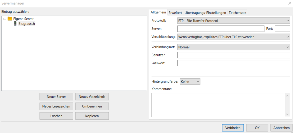 FileZilla Servermanager mit neu angelegtem Server