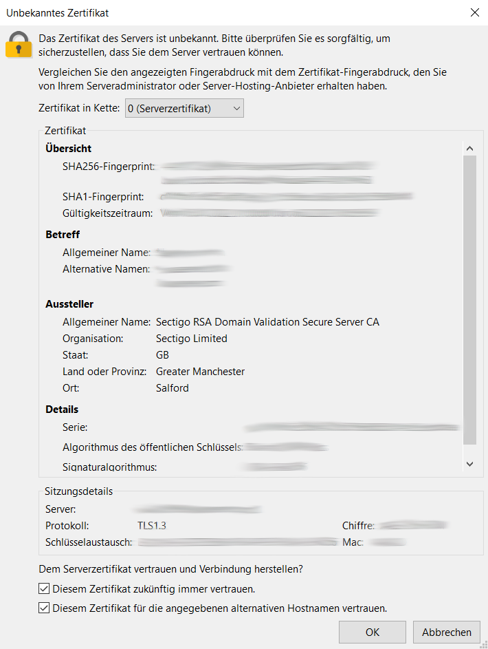 FileZilla Hinweis: Unbekanntes Zertifikat