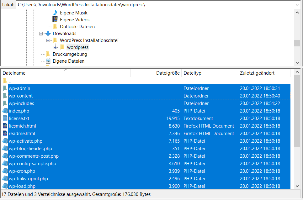 FileZilla linkes Fenster Dateien markiert