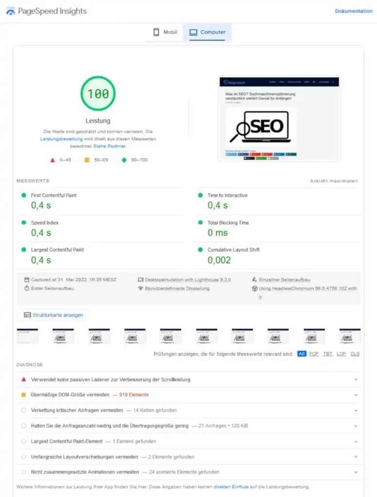 PageSpeed verbessern - durch diese 20 Maßnahmen optimierst du die Ladezeit! 3 PageSpeed Insights Report