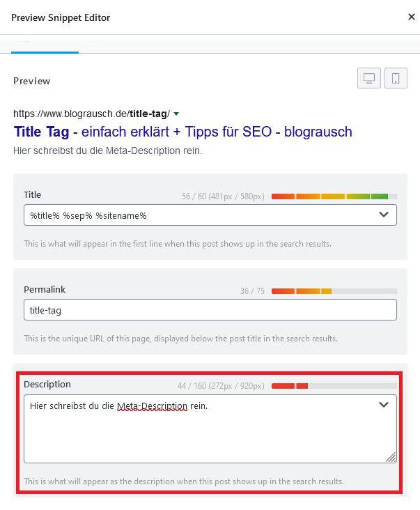 Meta Description - das solltest du wissen! 6 Rank Math Snippet Editor Description