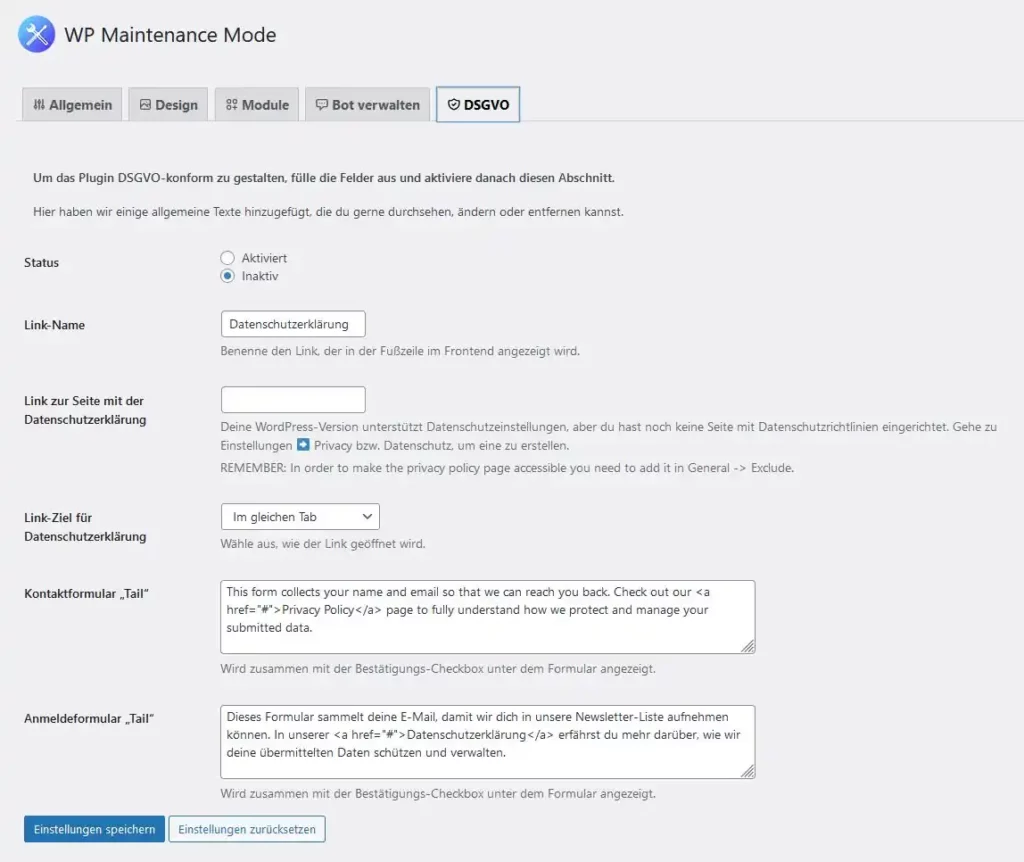 Eine WordPress-Website oder einzelne Webseiten per Passwort schützen - und das DSGVO-konform! So geht`s. 10 WordPess Plugin WP Maintenance Mode Datenschutz-Einstellung