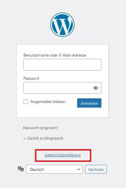 Eine WordPress-Website oder einzelne Webseiten per Passwort schützen - und das DSGVO-konform! So geht`s. 16 WordPress Login-Seite mit Datenschutzerklaerungs-Link
