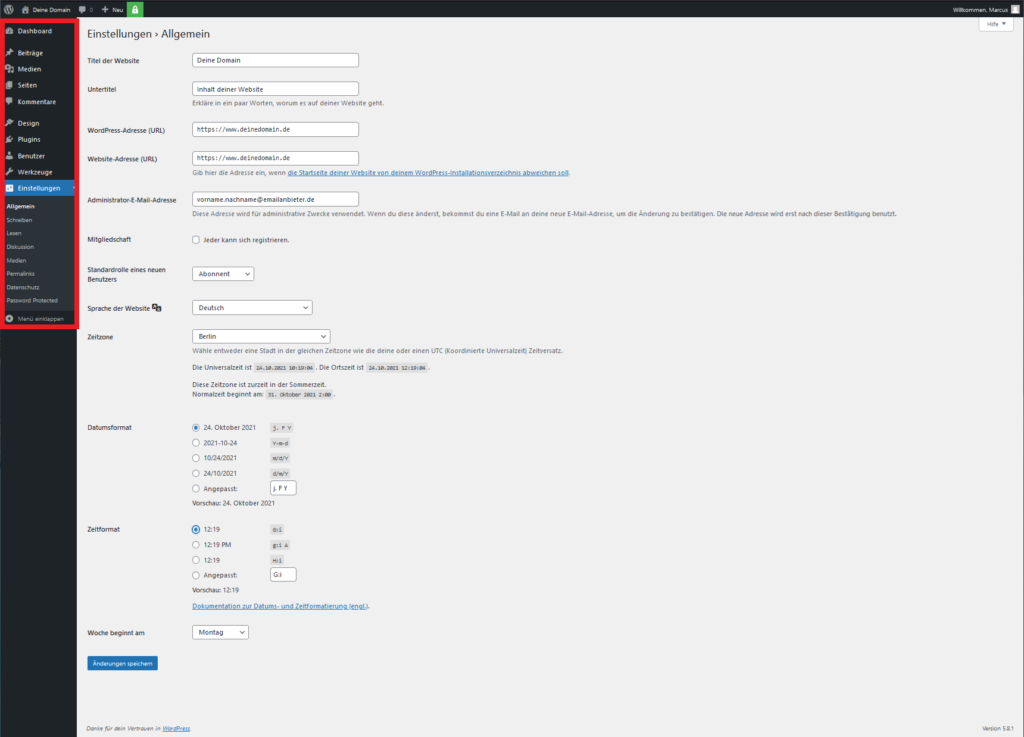 WordPress Menü markiert