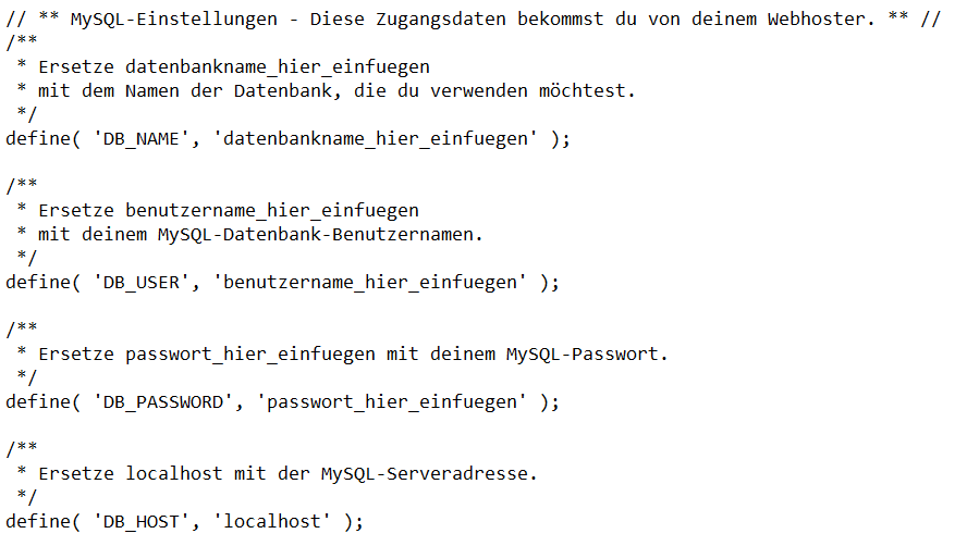 Inhalt der Datenbank-Einstellungen der wp-config.php-Datei von WordPress