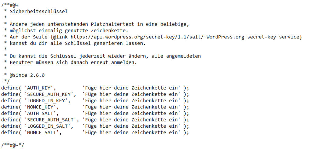 Inhalt der Sicherheitsschlüssel-Eingabe der wp-config.php-Datei von WordPress