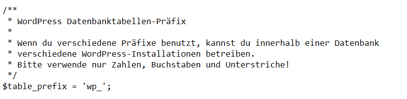 Inhalt des Datenbank-Präfix der wp-config.php-Datei von WordPress